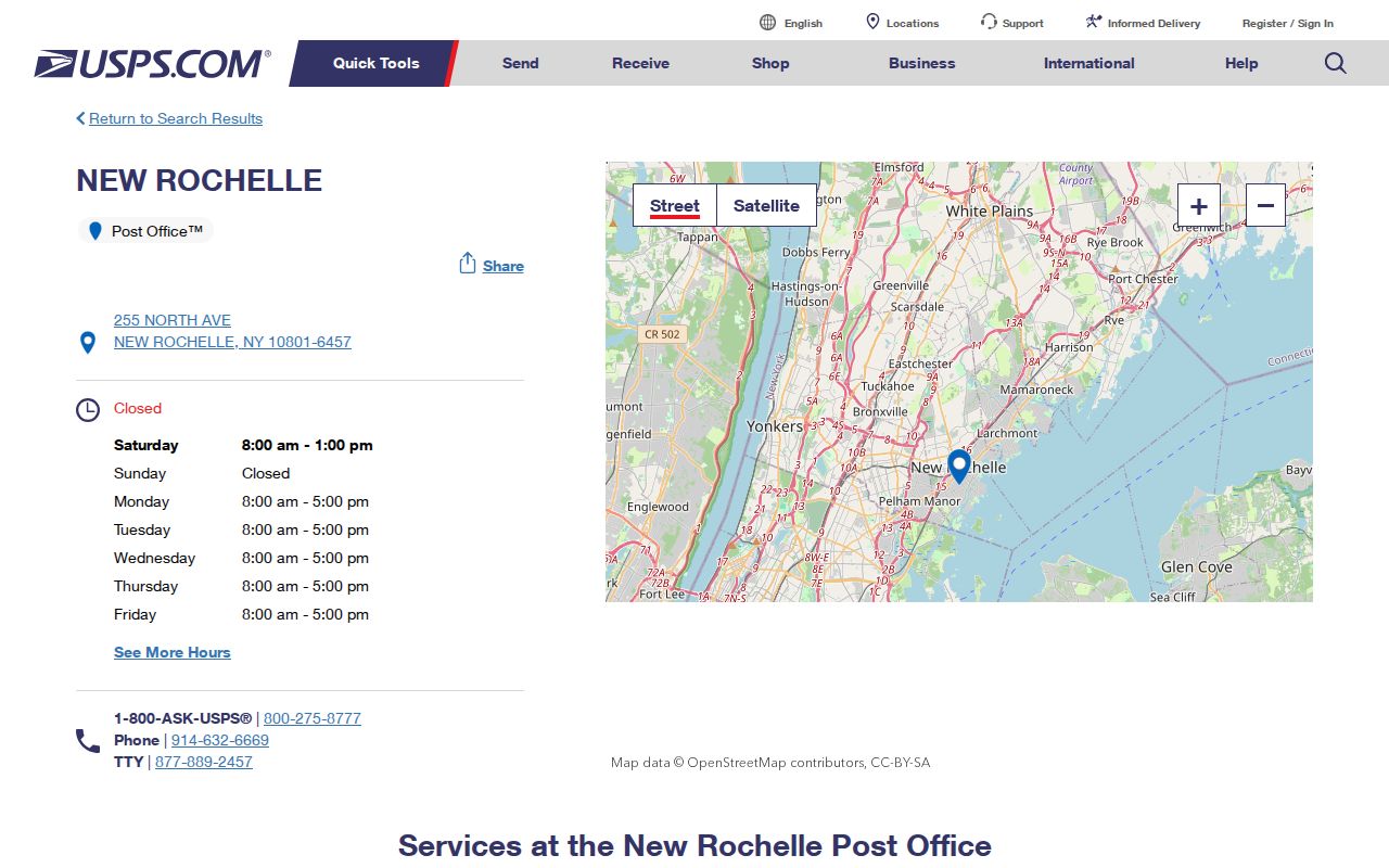 New Rochelle ZIP lookup view of the New Rochelle Post Office listing